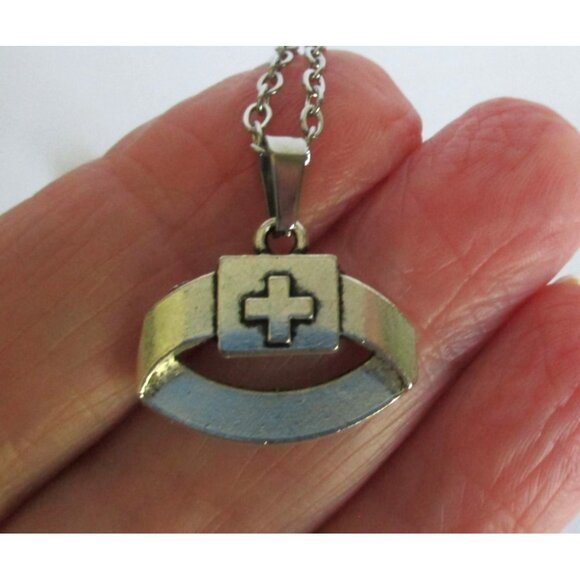 New Nurse Hat Pendant Necklace with 18" Stainless Chain Medical Cross Jewelry - Picture 2 of 5